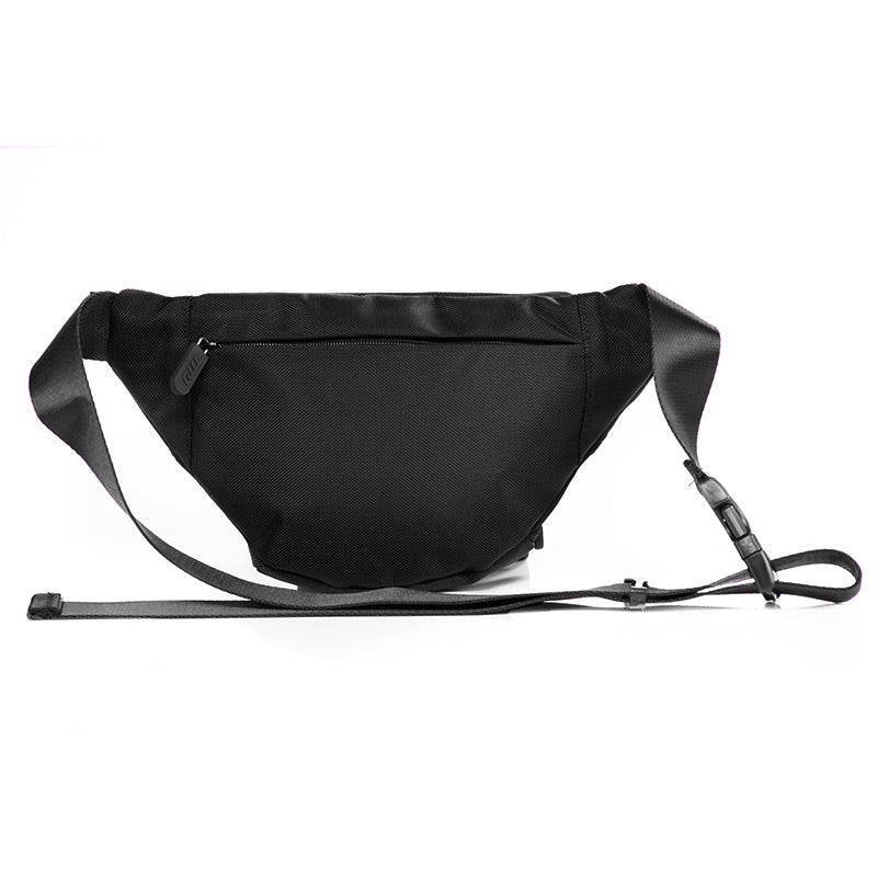 Image of back of black TMJ Apparel Bumbag showing zipper pocket with custom zipper pull tags.