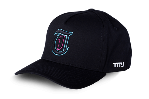 Black TMJ Apparel 9PHIFTY A-Frame Snapback Hat with Black 3D Embroidered Magna Carta T Logo with pink and blue "Vice Nights" outline on the front.