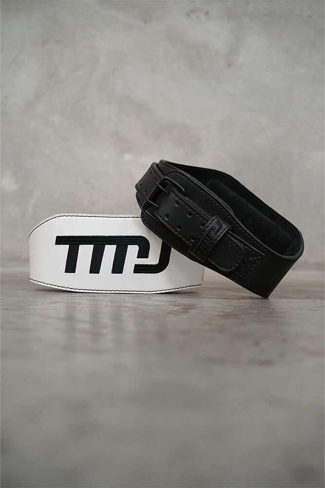 TMJ Apparel leather weightlifting belt for lower back support in black or white.