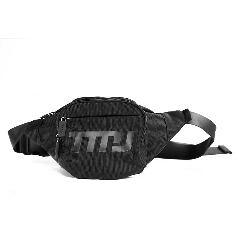 Image of black TMJ Apparel Bumbag with black screenprinted TMJ logo on front.