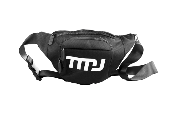 Image of black TMJ Apparel Bumbag with white screenprinted TMJ logo on front.