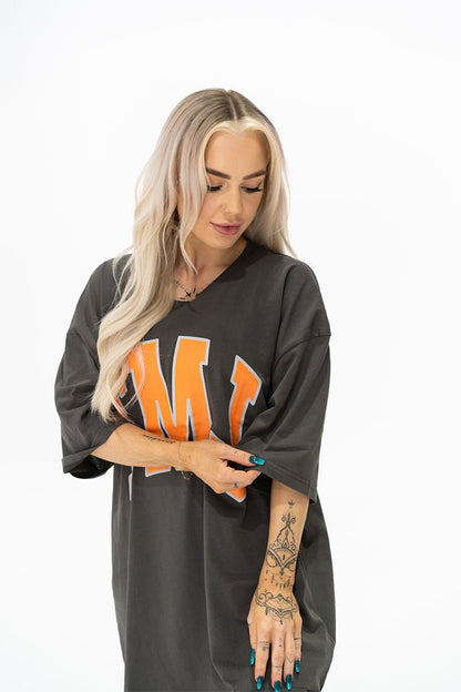 TMJ Apparel - Oversized Warm - Up Tee - Charcoal/Orange - S/M