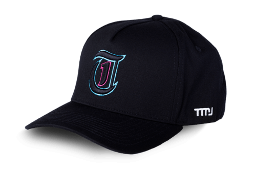 Black TMJ Apparel 9PHIFTY A-Frame Snapback Hat with Black 3D Embroidered Magna Carta T Logo with pink and blue &quot;Vice Nights&quot; outline on the front.